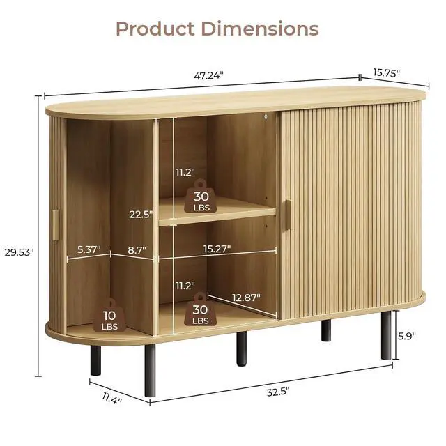 Alt view image 2 of 7 - Buffet Cabinet with Storage, Fluted Buffet Sideboard (48"/Oak)