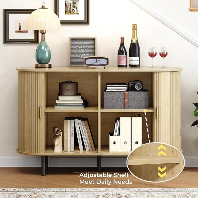 Alt view image 3 of 7 - Buffet Cabinet with Storage, Fluted Buffet Sideboard (48"/Oak)