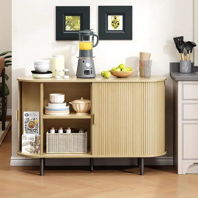 Alt view image 4 of 7 - Buffet Cabinet with Storage, Fluted Buffet Sideboard (48"/Oak)