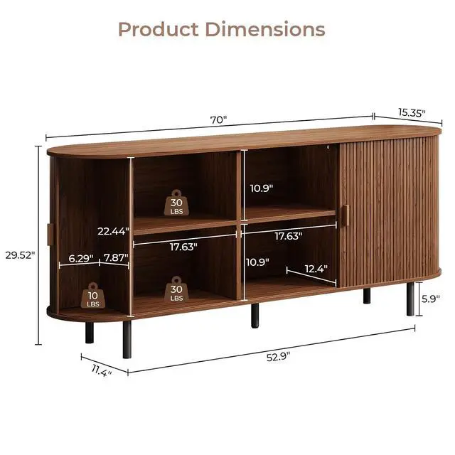 Alt view image 2 of 7 - Buffet Cabinet with Storage, Fluted Sideboard Buffet with Sliding Door, Coffee Bar Cabinet with Adjustable Shelf, Console Table, Accent Table for Entryway, Kitchen (Walnut, 70 Inch)
