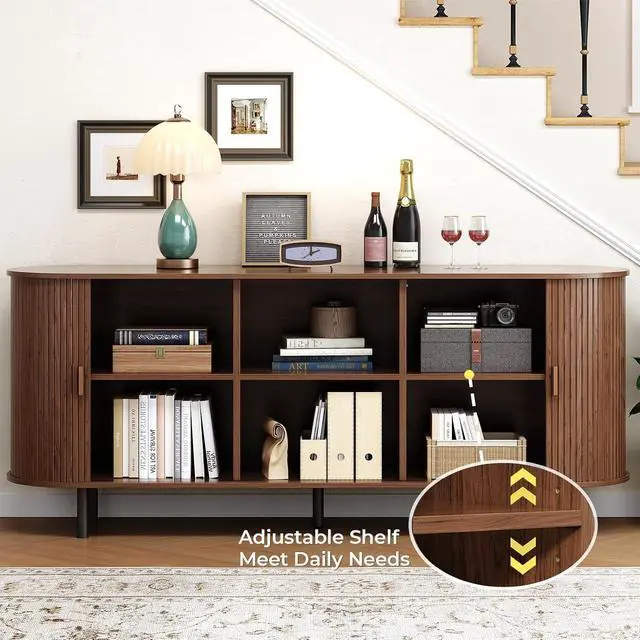 Alt view image 3 of 7 - Buffet Cabinet with Storage, Fluted Sideboard Buffet with Sliding Door, Coffee Bar Cabinet with Adjustable Shelf, Console Table, Accent Table for Entryway, Kitchen (Walnut, 70 Inch)