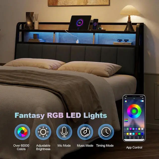 Alt view image 3 of 7 - Queen Headboard Only with Storage, Charging Station, Black&Brown