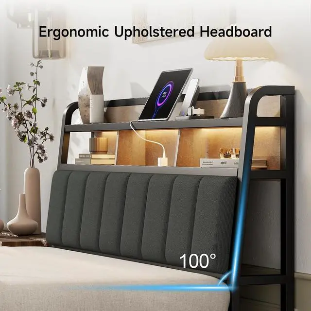Alt view image 5 of 7 - Queen Headboard Only with Storage, Charging Station, Black&Brown