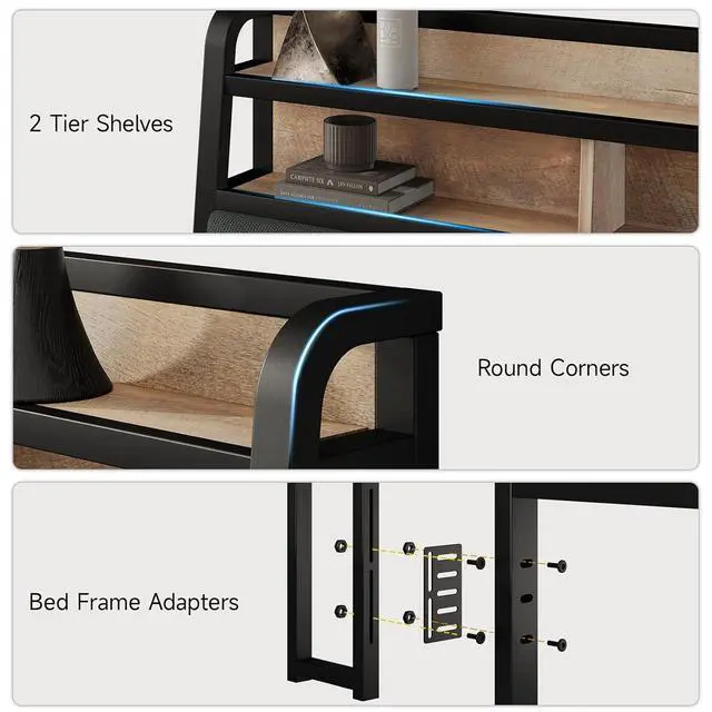 Alt view image 6 of 7 - Queen Headboard Only with Storage, Charging Station, Black&Brown