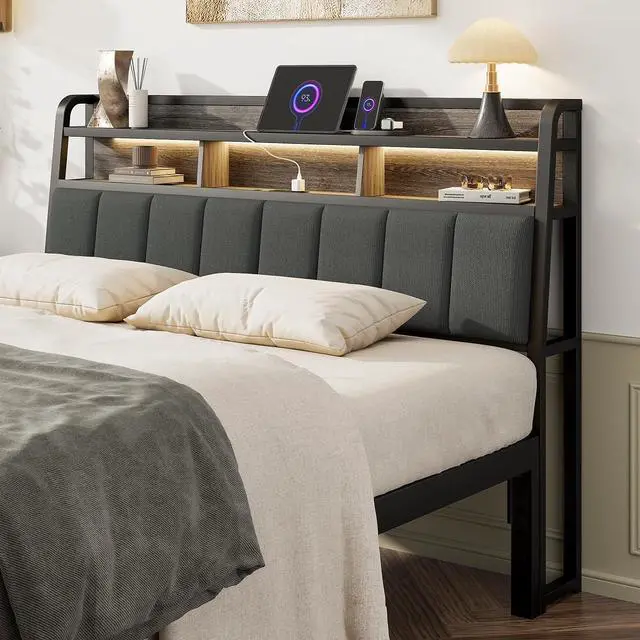 Main image of Queen Headboard Only with Storage, Charging Station, Black & Grey