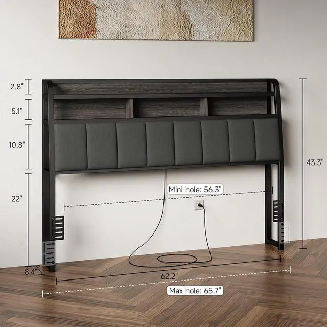 Alt view image 2 of 7 - Queen Headboard Only with Storage, Charging Station, Black & Grey