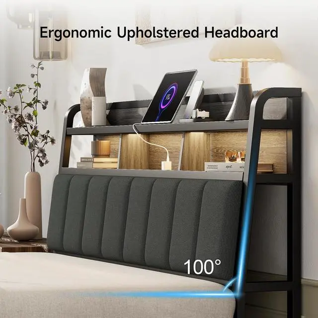 Alt view image 5 of 7 - Queen Headboard Only with Storage, Charging Station, Black & Grey