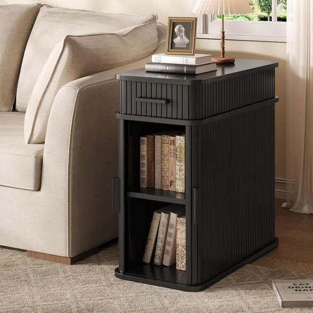 Alt view image 3 of 7 - Fluted Narrow Side Table with Drawers, Black