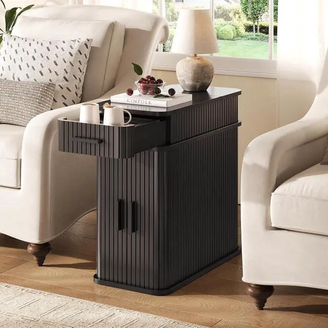 Alt view image 7 of 7 - Fluted Narrow Side Table with Drawers, Black