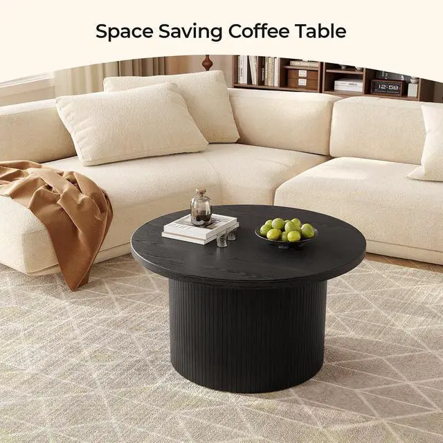 Alt view image 4 of 7 - 31.5 Inch Fluted Round Coffee Table Tambour Design Black