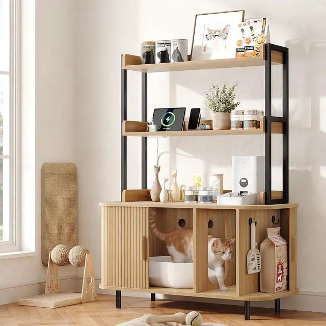 Main image of 54 in Cat Litter Box Enclosure with Shelves&Charing Station,Oak
