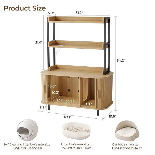 Alt view image 2 of 7 - 54 in Cat Litter Box Enclosure with Shelves&Charing Station,Oak