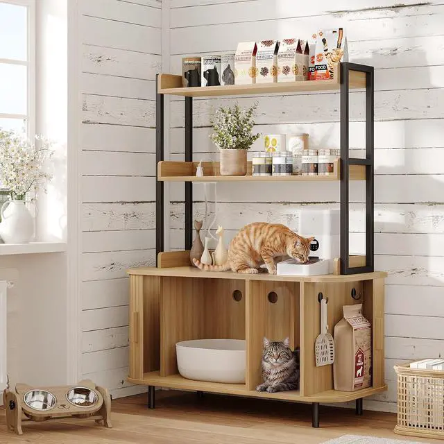 Alt view image 3 of 7 - 54 in Cat Litter Box Enclosure with Shelves&Charing Station,Oak