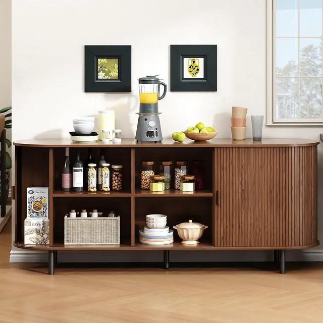 Alt view image 4 of 7 - Buffet Cabinet with Storage, Fluted Sideboard Buffet with Sliding Door, Coffee Bar Cabinet with Adjustable Shelf, Console Table, Accent Table for Entryway, Kitchen (Walnut, 70 Inch)