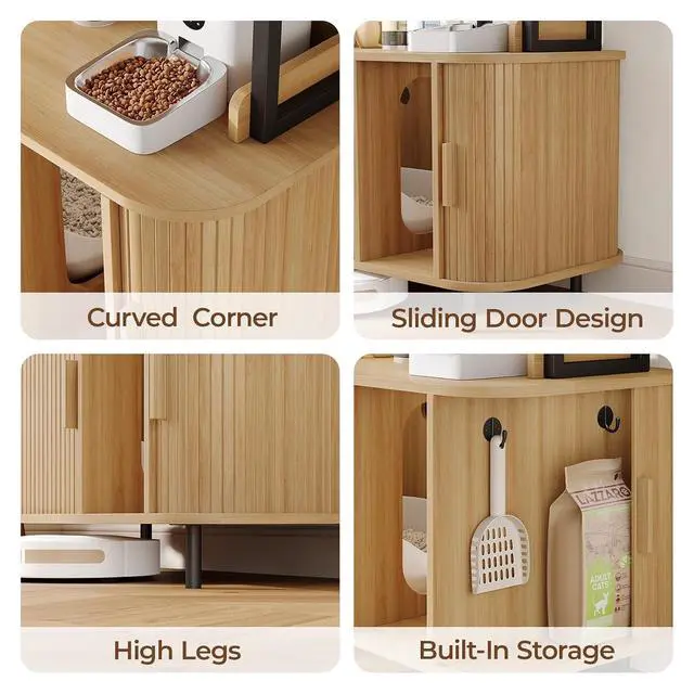 Alt view image 4 of 7 - 54 in Cat Litter Box Enclosure with Shelves&Charing Station,Oak