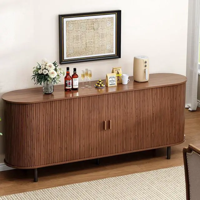Alt view image 6 of 7 - Buffet Cabinet with Storage, Fluted Sideboard Buffet with Sliding Door, Coffee Bar Cabinet with Adjustable Shelf, Console Table, Accent Table for Entryway, Kitchen (Walnut, 70 Inch)