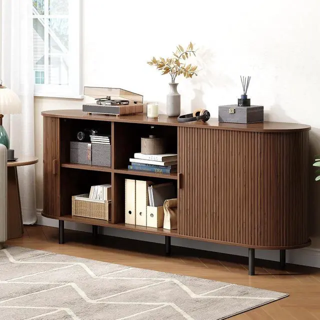 Alt view image 7 of 7 - Buffet Cabinet with Storage, Fluted Sideboard Buffet with Sliding Door, Coffee Bar Cabinet with Adjustable Shelf, Console Table, Accent Table for Entryway, Kitchen (Walnut, 70 Inch)