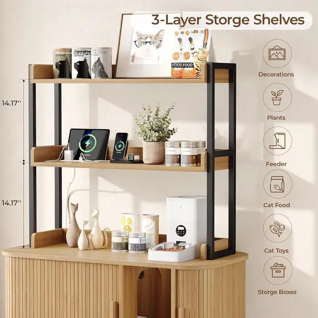 Alt view image 6 of 7 - 54 in Cat Litter Box Enclosure with Shelves&Charing Station,Oak