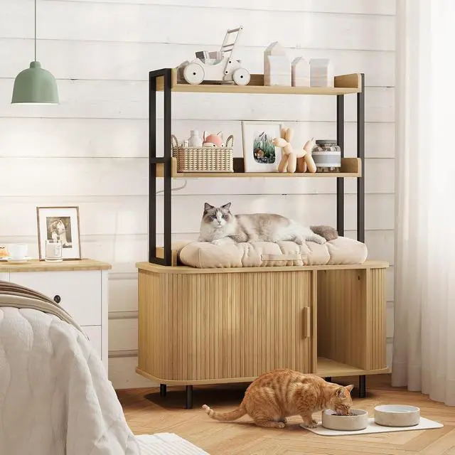 Alt view image 7 of 7 - 54 in Cat Litter Box Enclosure with Shelves&Charing Station,Oak