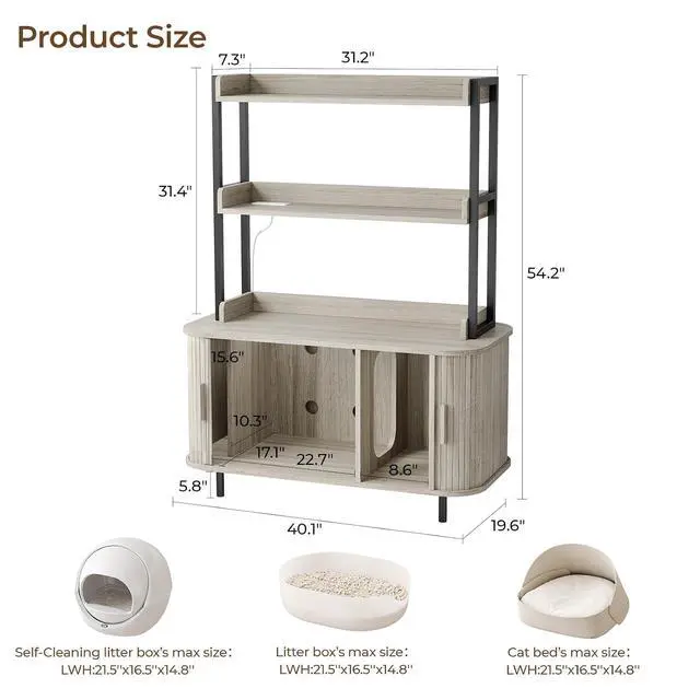 Alt view image 2 of 7 - 54 in Cat Litter Box Enclosure with Shelves&Charing Station,White