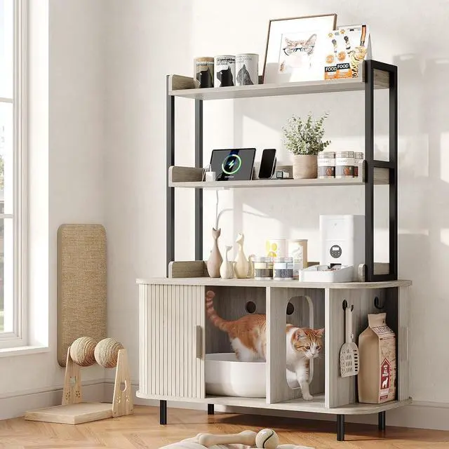 Main image of 54 in Cat Litter Box Enclosure with Shelves&Charing Station,White