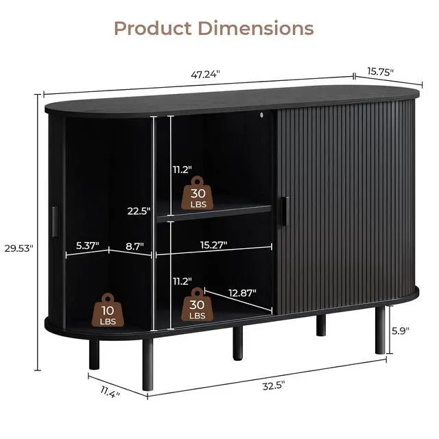 Alt view image 2 of 7 - Buffet Cabinet with Storage, Fluted Buffet Sideboard (48"/Black)