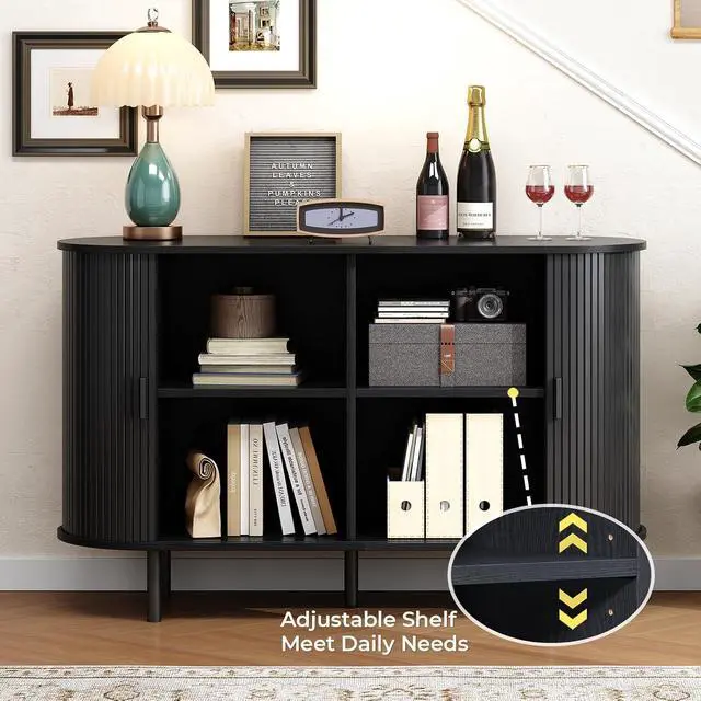 Alt view image 3 of 7 - Buffet Cabinet with Storage, Fluted Buffet Sideboard (48"/Black)