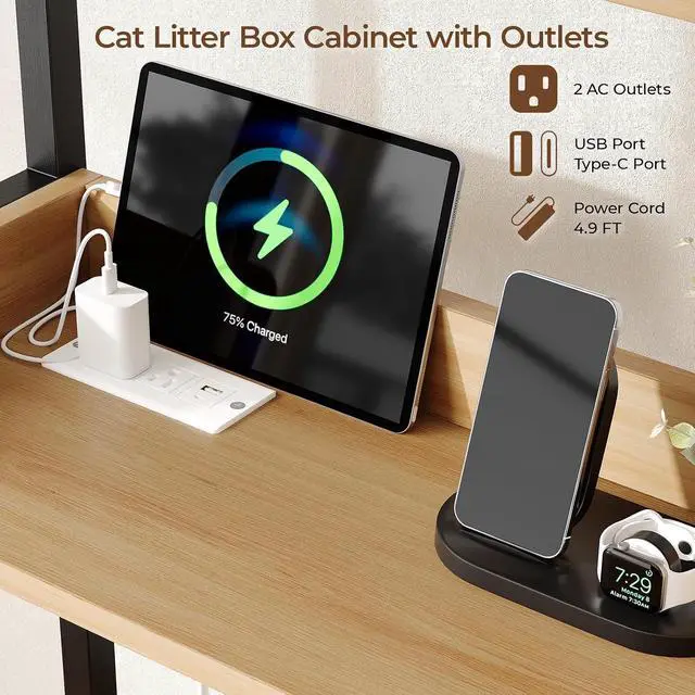Alt view image 5 of 7 - 54 in Cat Litter Box Enclosure with Shelves&Charing Station,Oak