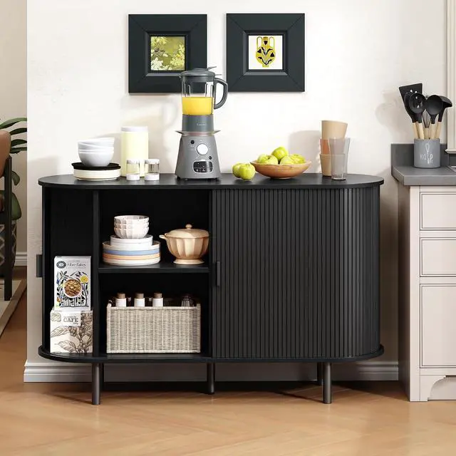 Alt view image 4 of 7 - Buffet Cabinet with Storage, Fluted Buffet Sideboard (48"/Black)