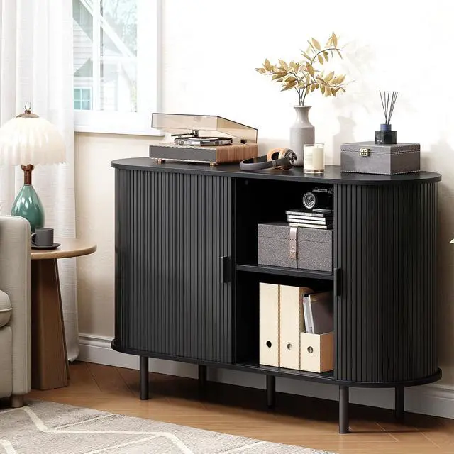 Alt view image 6 of 7 - Buffet Cabinet with Storage, Fluted Buffet Sideboard (48"/Black)