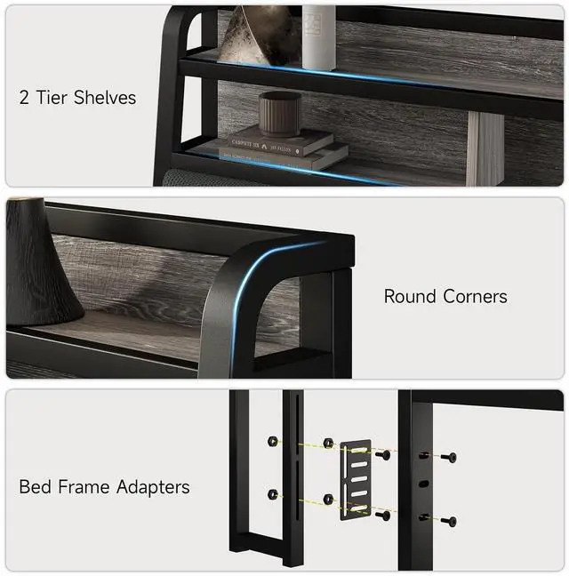 Alt view image 6 of 7 - Queen Headboard Only with Storage, Charging Station, Black & Grey