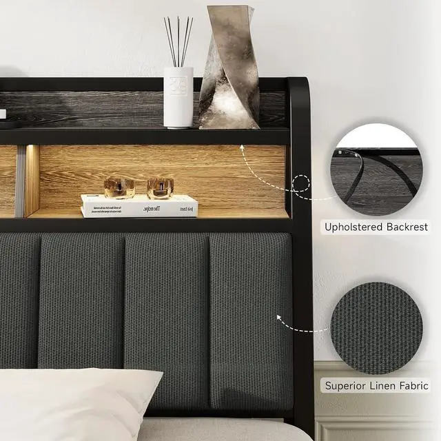 Alt view image 7 of 7 - Queen Headboard Only with Storage, Charging Station, Black & Grey