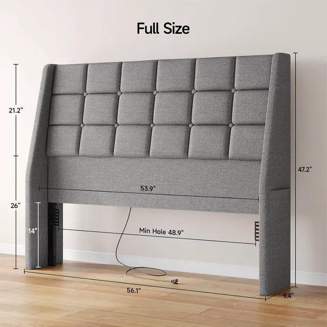 Alt view image 2 of 7 - Ergonomic Upholstered Full Size Headboard with Charging Station, Grey