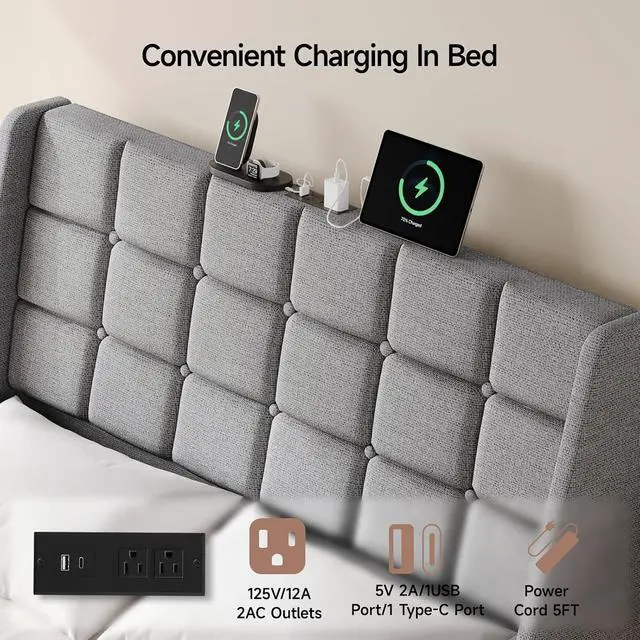 Alt view image 4 of 7 - Ergonomic Upholstered Full Size Headboard with Charging Station, Grey