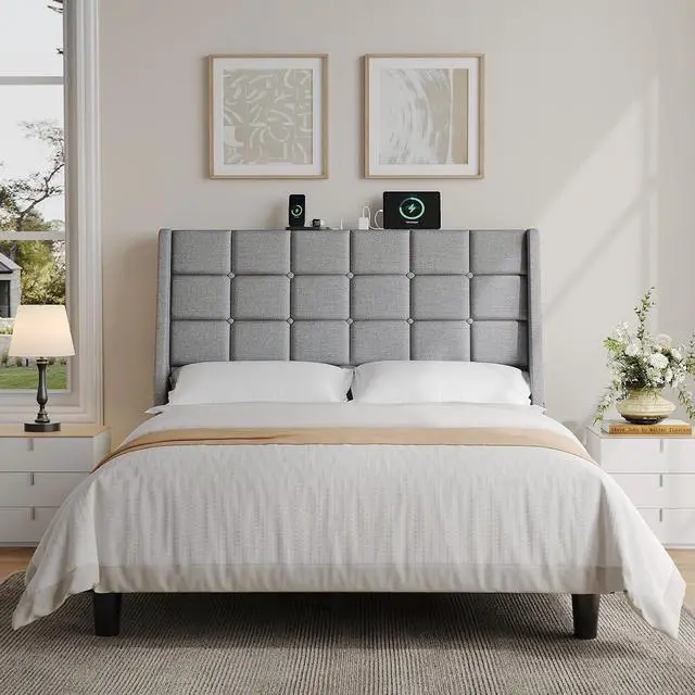 Alt view image 6 of 7 - Ergonomic Upholstered Full Size Headboard with Charging Station, Grey
