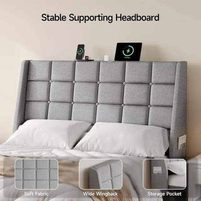 Alt view image 7 of 7 - Ergonomic Upholstered Full Size Headboard with Charging Station, Grey