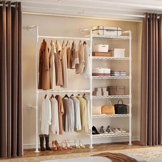 Main image of 2-Bay Wall-Mounted Closet System, Expandable Industrial Pipe Clothing Rack