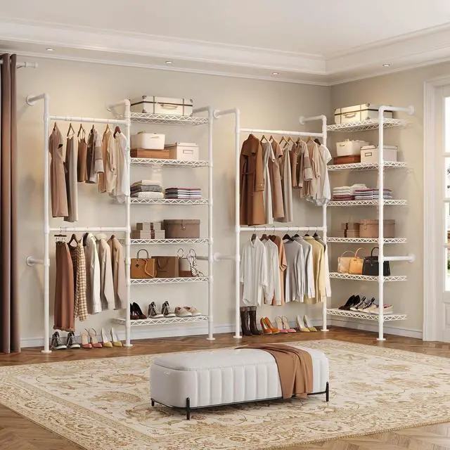 Alt view image 3 of 7 - 2-Bay Wall-Mounted Closet System, Expandable Industrial Pipe Clothing Rack