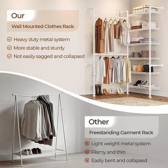 Alt view image 5 of 7 - 2-Bay Wall-Mounted Closet System, Expandable Industrial Pipe Clothing Rack
