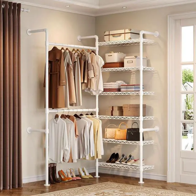 Alt view image 2 of 7 - 2-Bay Wall-Mounted Closet System, Expandable Industrial Pipe Clothing Rack