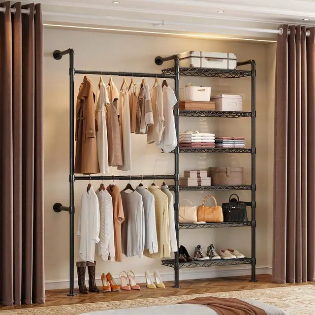 Main image of 2-Bay Wall-Mounted Closet System, Expandable Industrial Pipe Clothing Rack