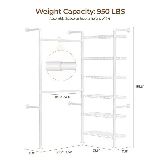 Alt view image 6 of 7 - 2-Bay Wall-Mounted Closet System, Expandable Industrial Pipe Clothing Rack