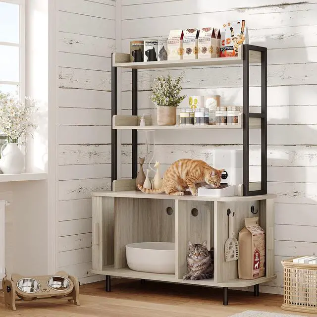 Alt view image 3 of 7 - 54 in Cat Litter Box Enclosure with Shelves&Charing Station,White