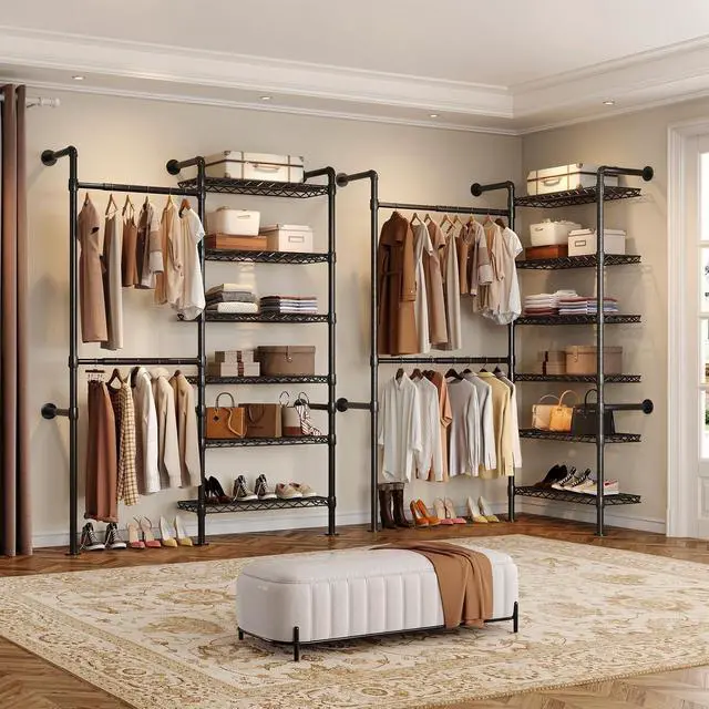 Alt view image 3 of 7 - 2-Bay Wall-Mounted Closet System, Expandable Industrial Pipe Clothing Rack