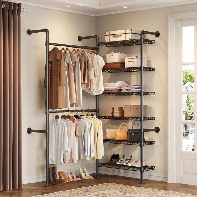 Alt view image 2 of 7 - 2-Bay Wall-Mounted Closet System, Expandable Industrial Pipe Clothing Rack