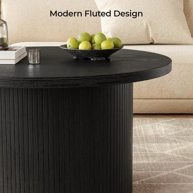 Alt view image 6 of 7 - 31.5 Inch Fluted Round Coffee Table Tambour Design Black