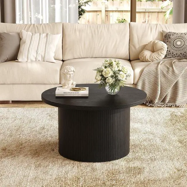 Alt view image 5 of 7 - 31.5 Inch Fluted Round Coffee Table Tambour Design Black