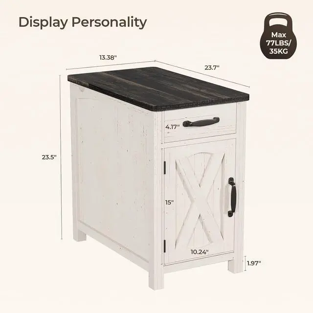 Alt view image 2 of 7 - 23"Farmhouse End Table with Storage, Side Table with Charging Station White