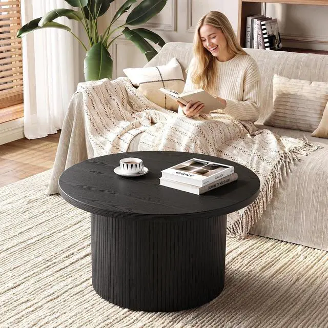 Alt view image 7 of 7 - 31.5 Inch Fluted Round Coffee Table Tambour Design Black