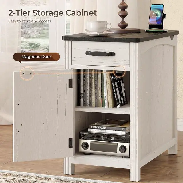Alt view image 3 of 7 - 23"Farmhouse End Table with Storage, Side Table with Charging Station White